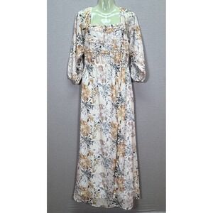 Baltic Born Floral Maxi Dress Large Cream Tan Ruffle Square Neck Clip Dot Boho